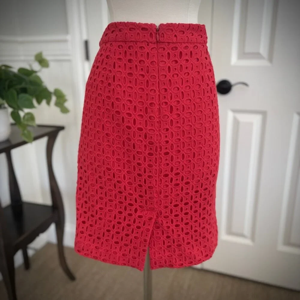 J. Crew No. 2 Eyelet Pencil Skirt in Red Chili, Size 4